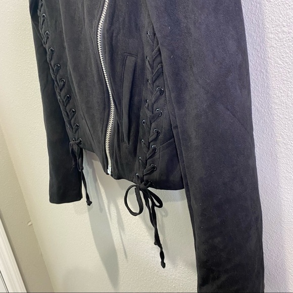 Olivaceous MOTO Jacket in True Black Biker Crop Faux Suede Lace Up Tie Zipper - Picture 12 of 16